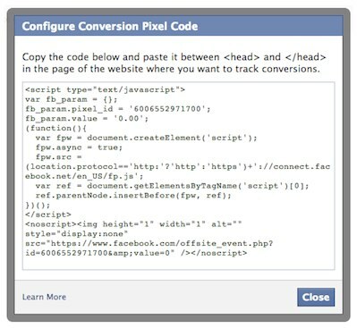 codice pixel di conversione Facebook