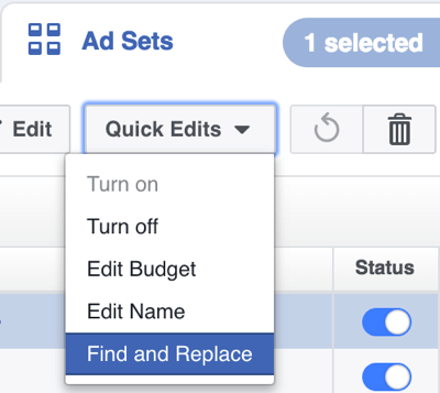 In Power Editor, fare clic su Modifiche rapide e selezionare Trova e sostituisci dal menu a discesa.
