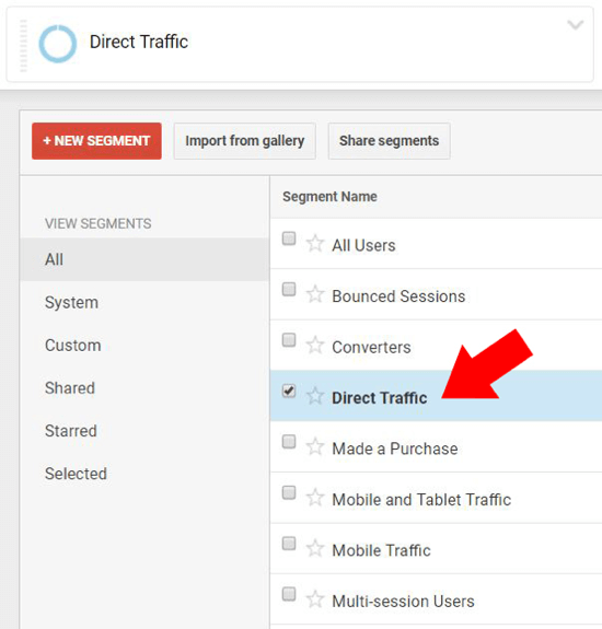 In Panoramica in Google Analytics, seleziona Traffico diretto e assicurati che non siano selezionati altri nomi di segmento.