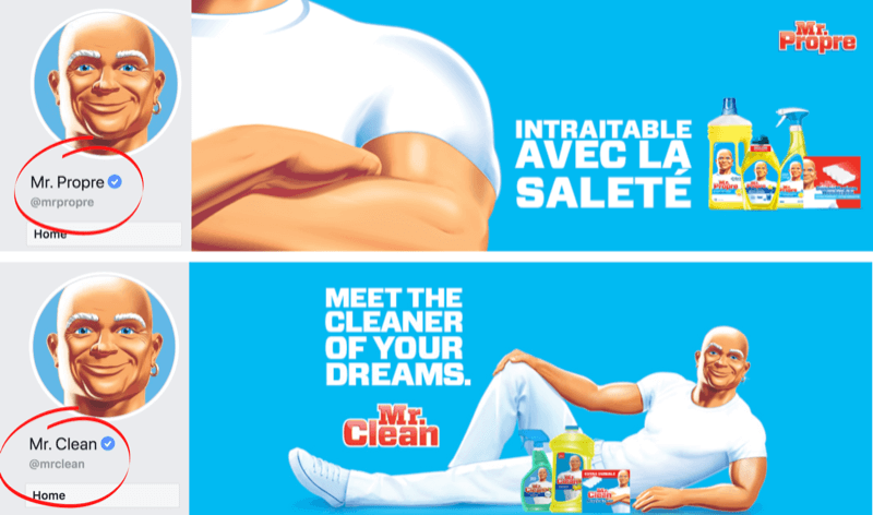 Pagina Facebook e immagine di copertina che mostrano le differenze linguistiche per il marchio Mr. Clean nei mercati Francia / Belgio e Stati Uniti