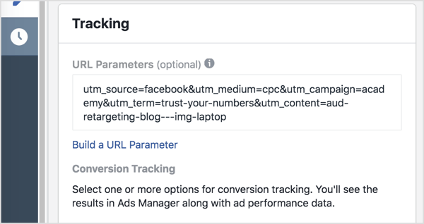 In Ads Manager, aggiungi i parametri di monitoraggio (tutto dopo il punto interrogativo) alla casella Parametri URL.