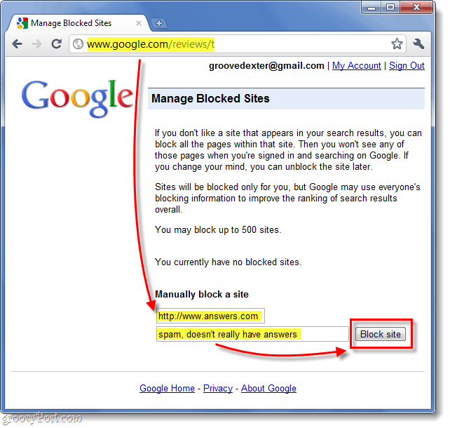 bloccare manualmente un sito Web dai risultati di ricerca di Google 