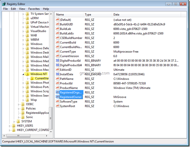 Screenshot dell'editor del registro di Windows