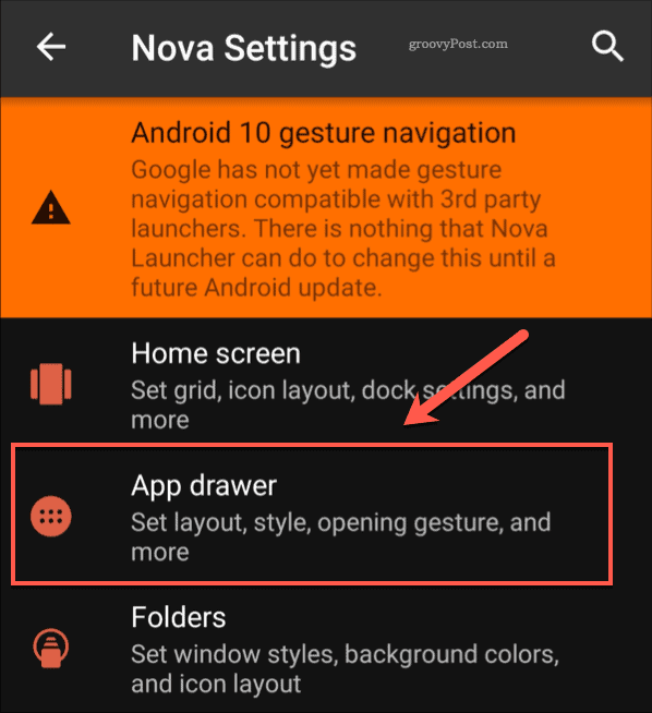 Opzione di menu del cassetto dell'app Impostazioni Nova