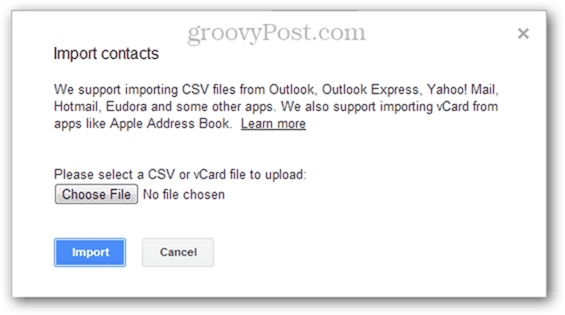 importazione di più contatti CSV in Google Mail