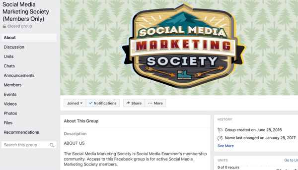 Come utilizzare le funzionalità dei gruppi di Facebook, esempio della pagina del gruppo Facebook per la Social Media Marketing Society