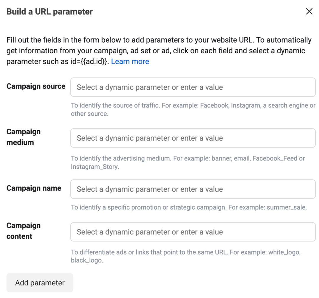 immagine della casella Crea un parametro URL in Gestione inserzioni