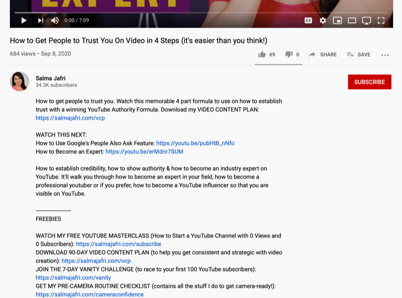 screenshot delle note di descrizione del video di YouTube con diversi collegamenti aggiunti per altri video di YouTube o download gratuiti