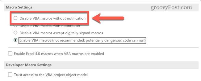 excel disabilita le macro senza notifiche