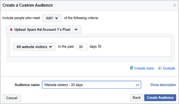 Scegli le opzioni per impostare un pubblico personalizzato di Facebook di tutti i visitatori del sito negli ultimi 30 giorni