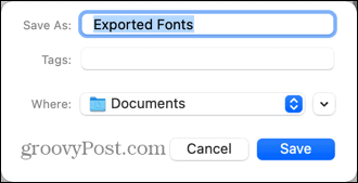 posizione dei caratteri esportati mac
