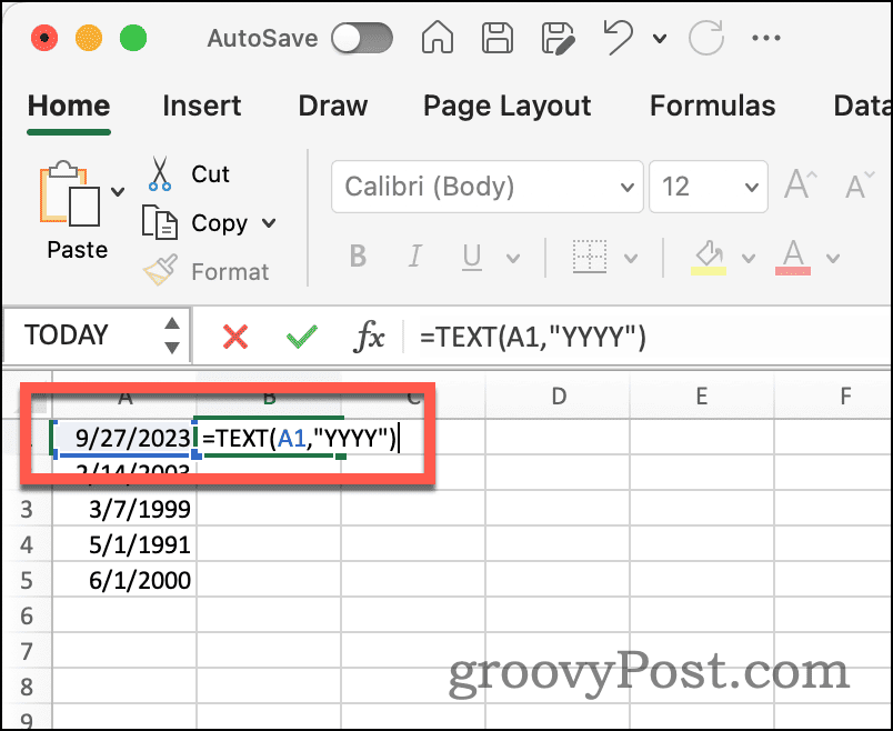 Funzione di testo Excel per estrarre l'anno dalla data