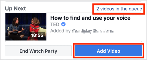 Fare clic su Aggiungi video per aggiungere altri video al party di visualizzazione di Facebook.