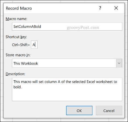 Il menu di opzioni Registra macro in Excel