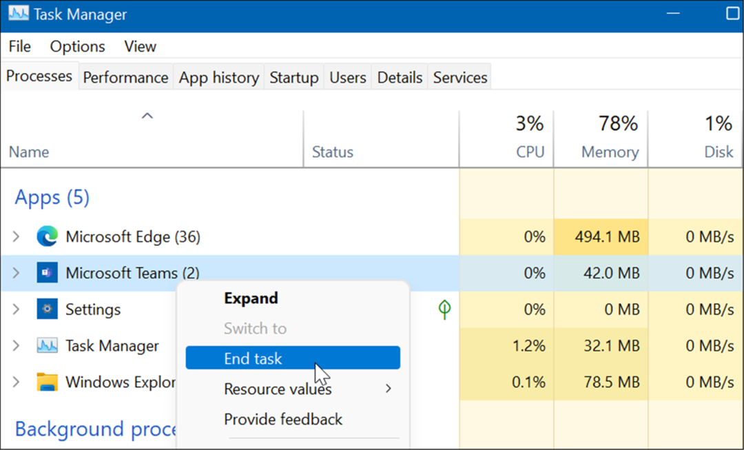 terminare il task manager di Microsoft teams