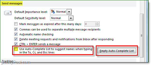 disabilita il completamento automatico in Outlook 2010 e cancella la cache di completamento automatico