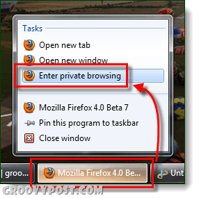 avvia la navigazione privata di Firefox dalla barra delle applicazioni di Windows 7