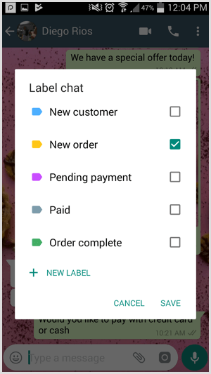 Crea etichette personalizzate in WhatsApp Business.