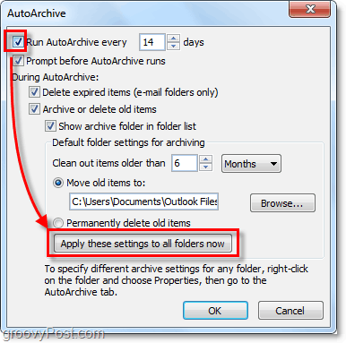 abilitare l'archiviazione automatica per tutte le e-mail di Outlook 2010