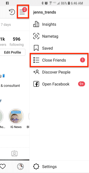 Opzione per gli amici intimi da un profilo Instagram.