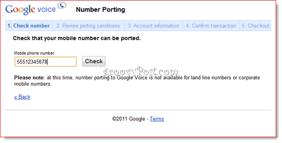 Numero di telefono della porta di Google Voice
