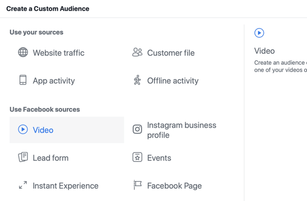 Come promuovere il tuo evento dal vivo su Facebook, passaggio 8, creare un pubblico personalizzato in Facebook Ads Manager in base alle visualizzazioni video