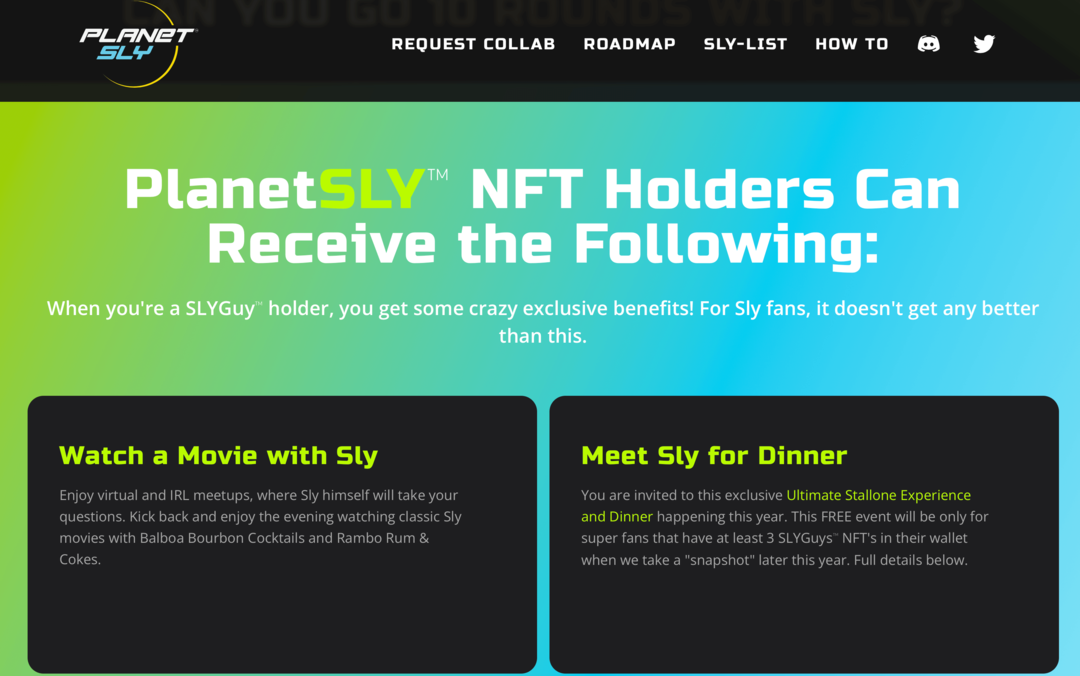 immagine del sito Web PlanetSly che spiega i vantaggi per i titolari di SLYGuy NFT