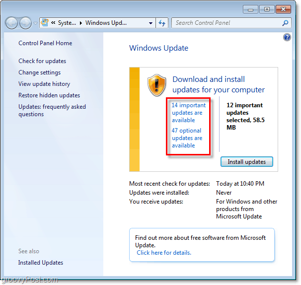 Windows 7 - Schermata della pagina di Windows Update