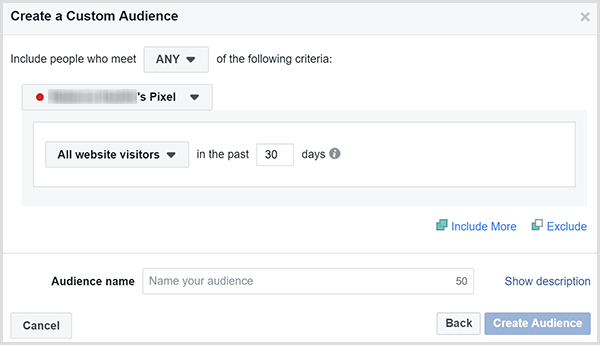 La finestra di dialogo Crea un pubblico personalizzato di Facebook ha un'opzione per indirizzare gli annunci a tutti i visitatori del sito web entro un certo numero di giorni.