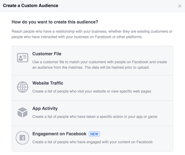 Scegli come desideri creare il tuo pubblico personalizzato di Facebook.
