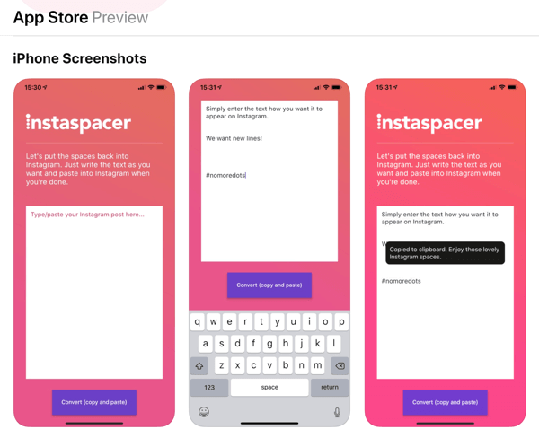 App Instaspacer per didascalie di foto di Instagram