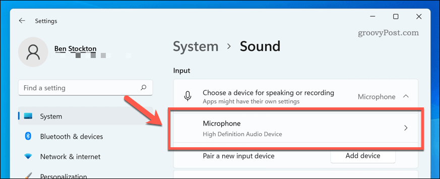 Apri il dispositivo microfono nelle impostazioni audio di Windows 11