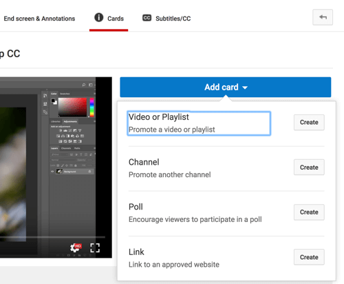 Fai clic su Aggiungi scheda e seleziona il tipo di scheda che desideri aggiungere al tuo video di YouTube.