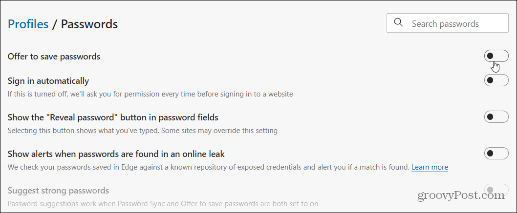 Disabilita le opzioni della password Edge