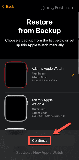 selezionare il backup di Apple Watch