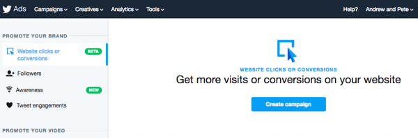 Seleziona l'opzione Clic sul sito web o Conversioni per impostare il tuo annuncio Twitter.