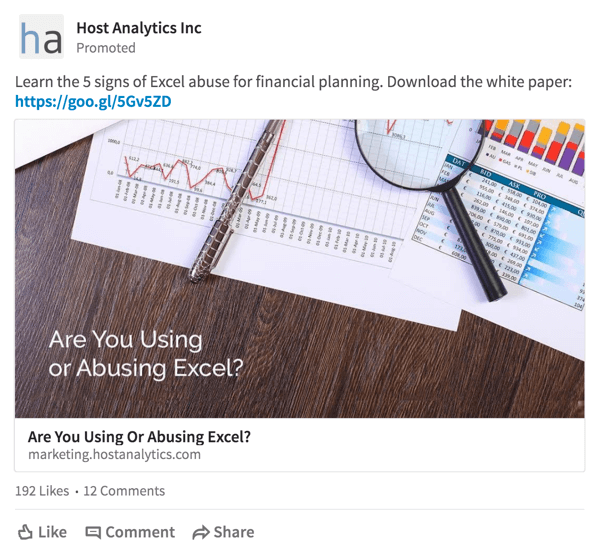 Host Analytics offre un'offerta per il download di white paper a un pubblico mirato su LinkedIn.