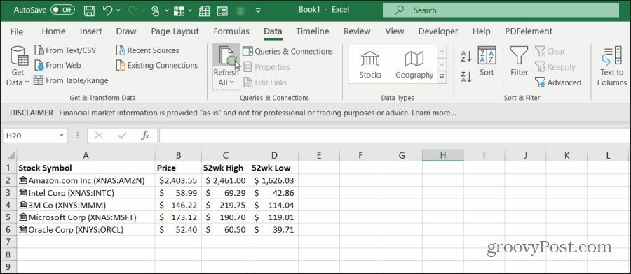 aggiornamento dei dati di borsa in Excel