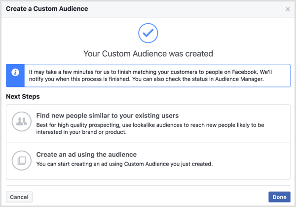 Il messaggio È stato creato il tuo pubblico personalizzato che appare dopo aver creato un pubblico personalizzato di Facebook