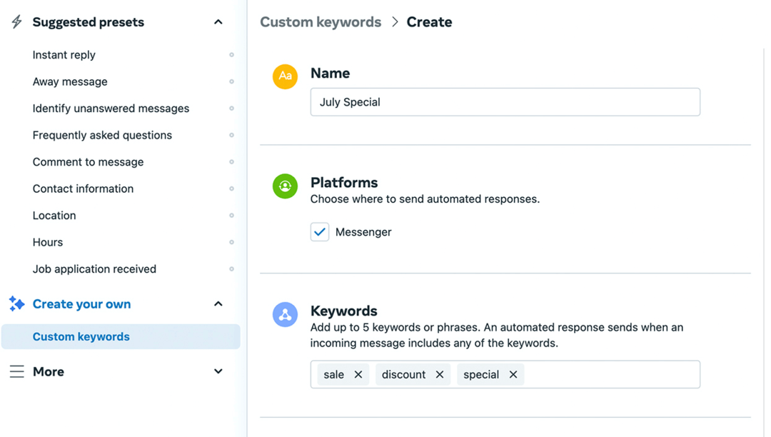 immagine della schermata di configurazione delle parole chiave personalizzate in Meta Business Suite