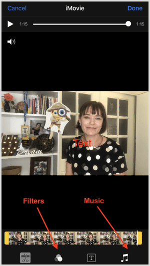 Tocca gli strumenti nella parte inferiore dello schermo per aggiungere filtri e musica in iMovie.