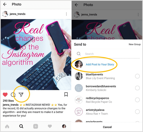 Cerca l'opzione Aggiungi post alla tua storia per vedere se hai accesso alla funzione di ricondivisione di Instagram.
