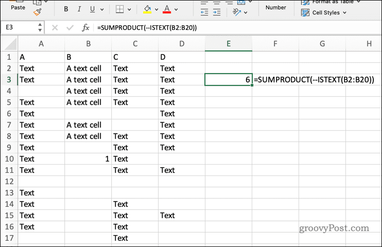 Utilizzo di SUMPRODUCT con ISTEXT in Excel