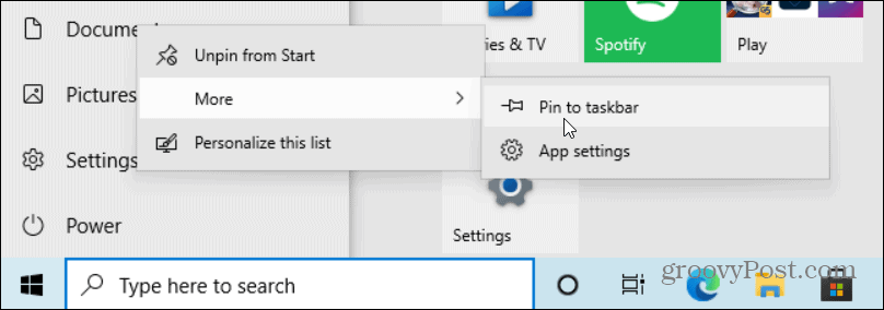 aggiungi le impostazioni alla barra delle applicazioni di Windows 10