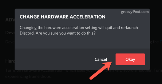 Conferma di una modifica alle impostazioni di accelerazione hardware di Discord