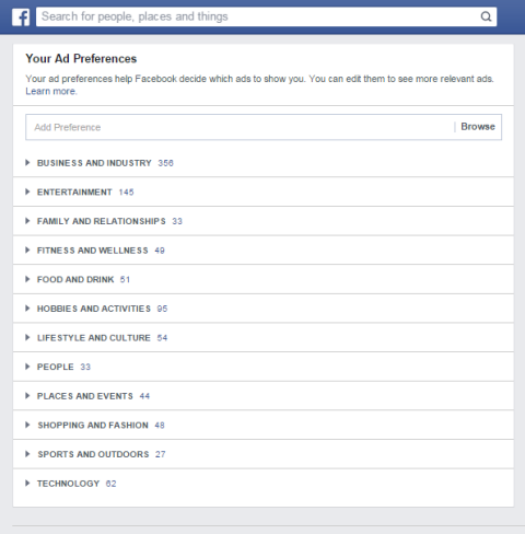 categorie di preferenze degli annunci di Facebook