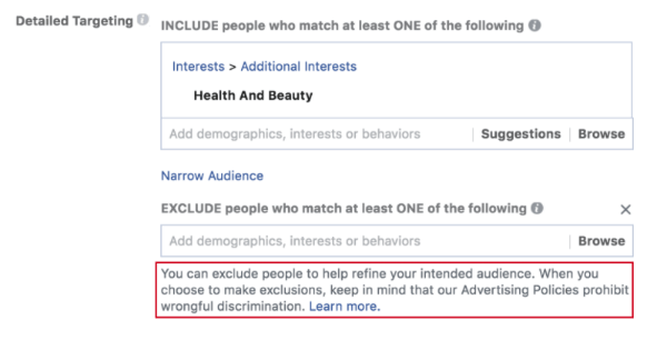Facebook ha lanciato nuovi suggerimenti che ricordano agli inserzionisti le politiche anti-discriminazione di Facebook prima di creare una campagna pubblicitaria e quando utilizzano i suoi strumenti di esclusione.
