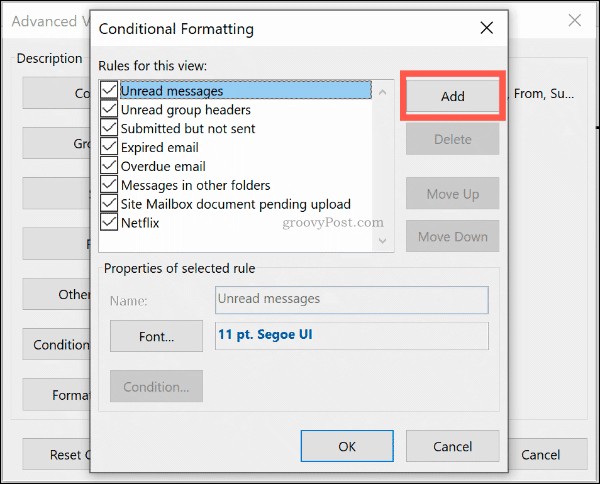 Fare clic su Aggiungi per aggiungere una nuova regola di formato condizionale in Outlook