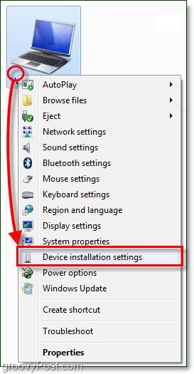 nel menu contestuale del tuo computer Windows 7 e vai alle impostazioni di installazione del dispositivo