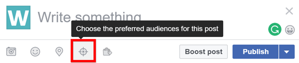Per vedere se l'ottimizzazione del pubblico è abilitata per la tua pagina Facebook, cerca l'icona di targeting quando crei un nuovo post.